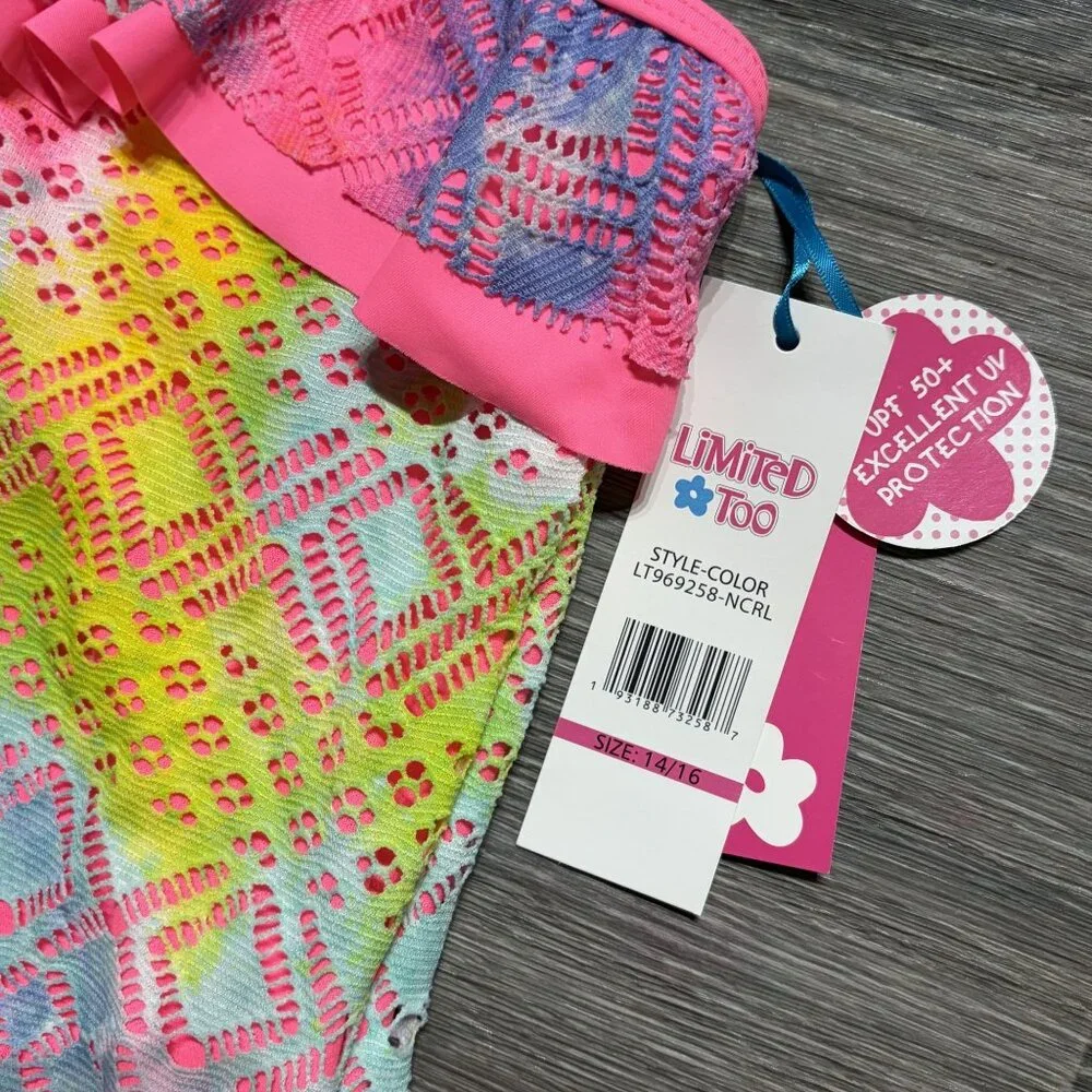Limited Too Girls 14-16 Bathing Suit UPF 50 One Piece Ruffled Swimsuit Pink